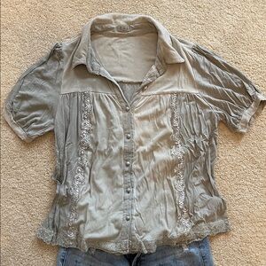 POL Light Green Soft Blouse With Lace Trim